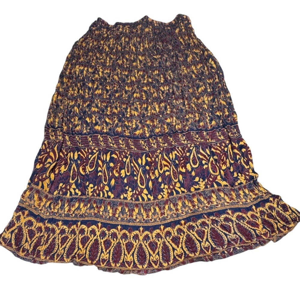 Uniti Casuals Skirt Womens L Paisley Smocked Crinkle Midi Boho Burgundy Yellow